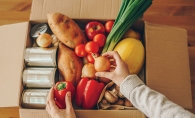 A box packed with food from VEAP Food Shelf