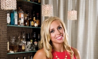 Christine Hoene in her client’s redesigned sunroom bar. Right: bar pendant and seating; dining room chandelier.