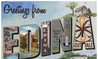 This 1930s-style postcard uses a collection of images from the Edina Historical Society.
