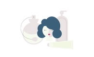 An illustration of a woman and various skincare products.