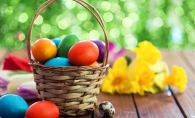 An Easter basket filled with colorful eggs