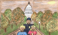 A drawing on a lunchbag. Bradley Smith and his children stand in front of the U.S. Capitol
