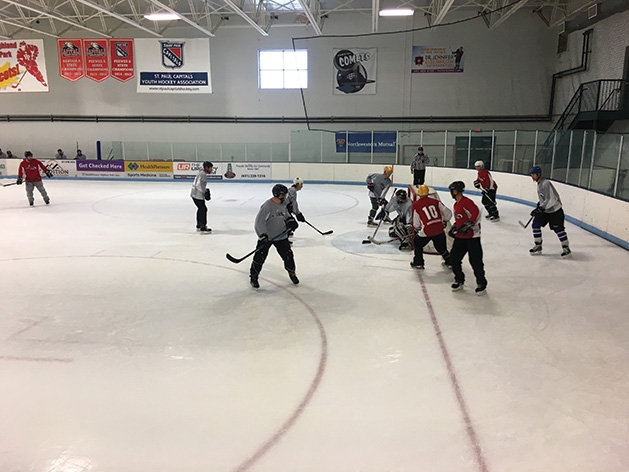Hockey players on the ice at the 2019 Big Futures Tournament and Family Festival.