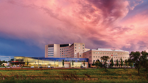 A storm cloud approaches the sky over Fairview Southdale Hospital, which has won back-to-back five-star awards from the Centers for Medicare and Medicaid Services. 