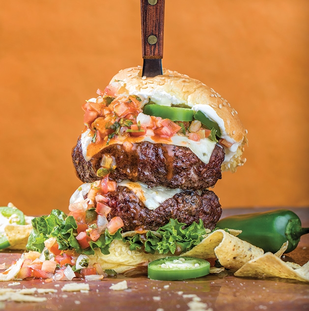 Grass-fed beef burger A grass-fed beef burger made with beef from Jerry's Foods