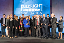 The Fulbright Association awards the Fulbright Prize for International Understanding to German Chancellor Angela Merkel in Berlin.