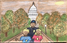 A drawing on a lunchbag. Bradley Smith and his children stand in front of the U.S. Capitol