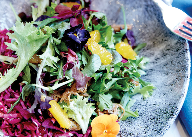 Pulled confit duck salad with goan khimchi