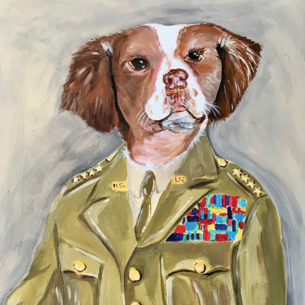 A portrait of a dog wearing a general's uniform.