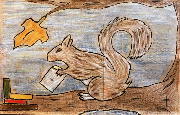 Lunch bag art depicting a squirrel on a tree branch.